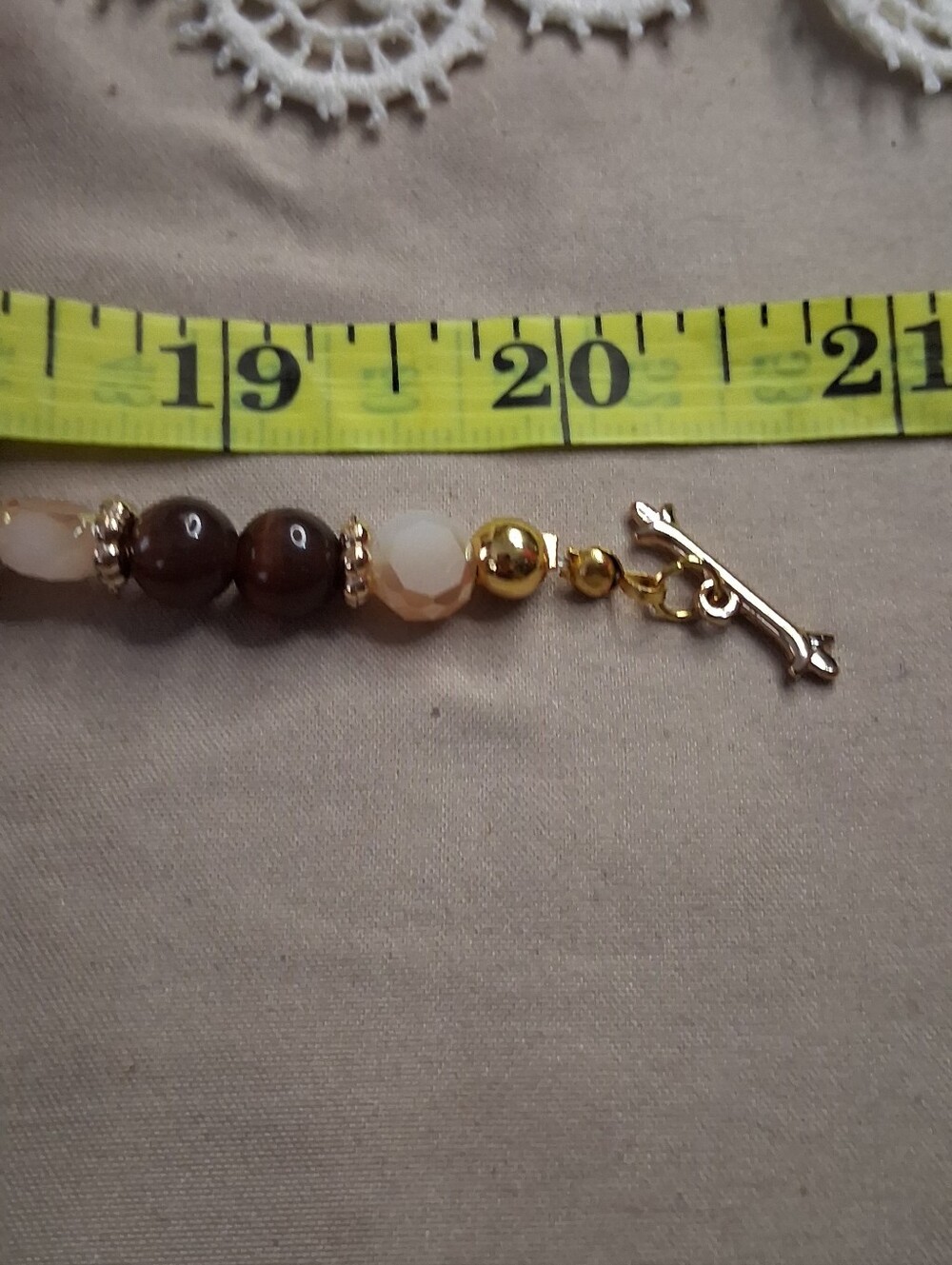 Gold Heart Pendant Brown and Cream Beaded Necklace - Picture 3 of 3